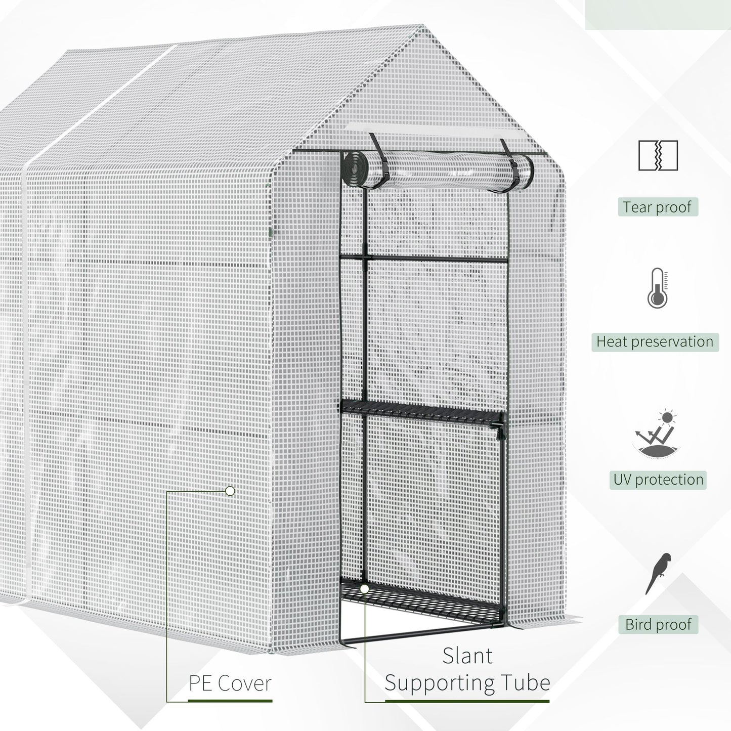Walk In Greenhouse with 2-Tier Shelves, Roll up Zip Panel Door, Garden Polytunnel Steeple Grow House for Outdoor