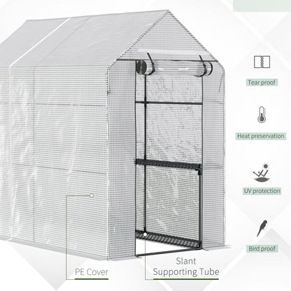 Walk In Greenhouse with 2-Tier Shelves, Roll up Zip Panel Door, Garden Polytunnel Steeple Grow House for Outdoor
