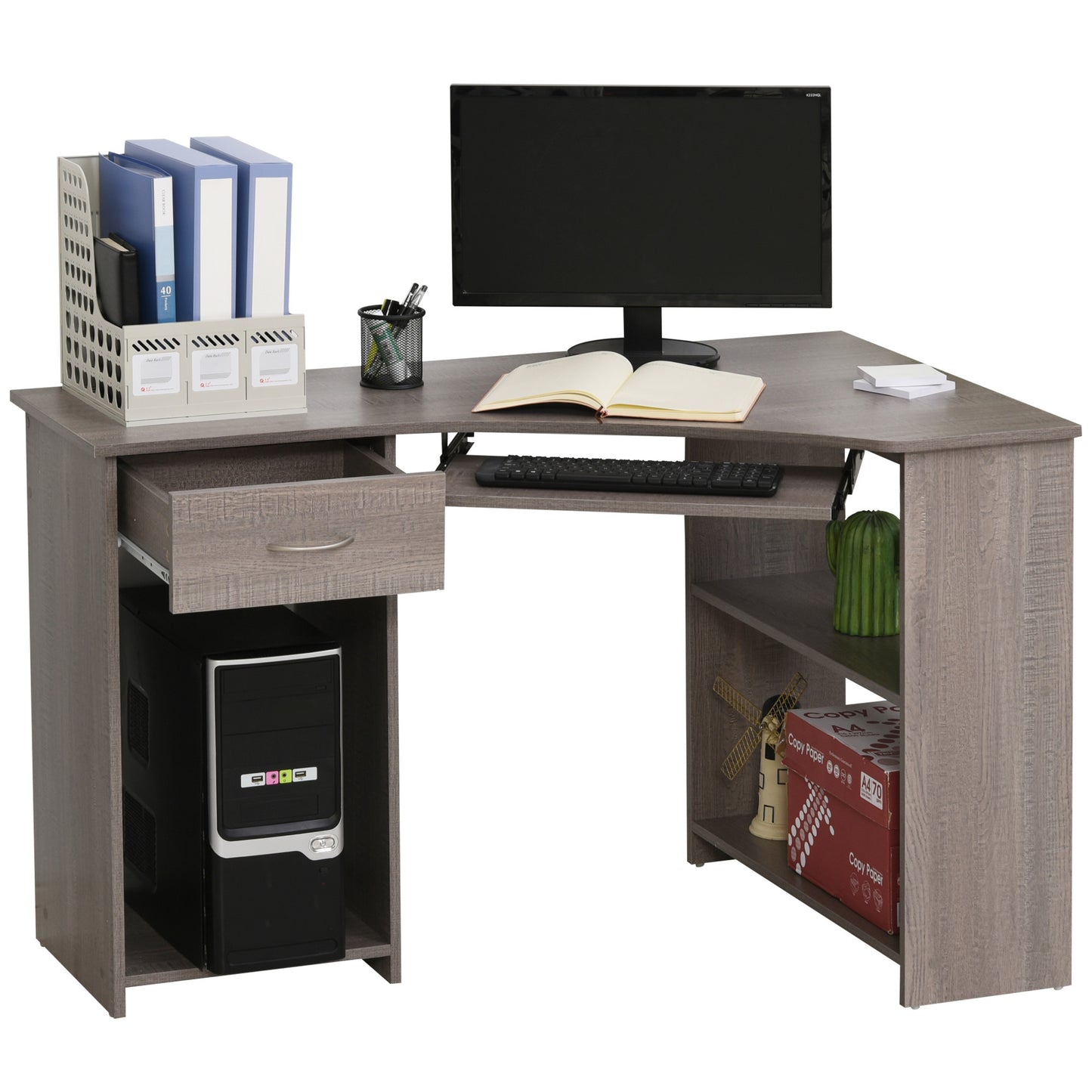 L-Shaped Corner Computer Desk w/ 2 Shelves Wide Worktop Keyboard Tray Drawer & CPU Stand Home Office Study Bedroom Furniture