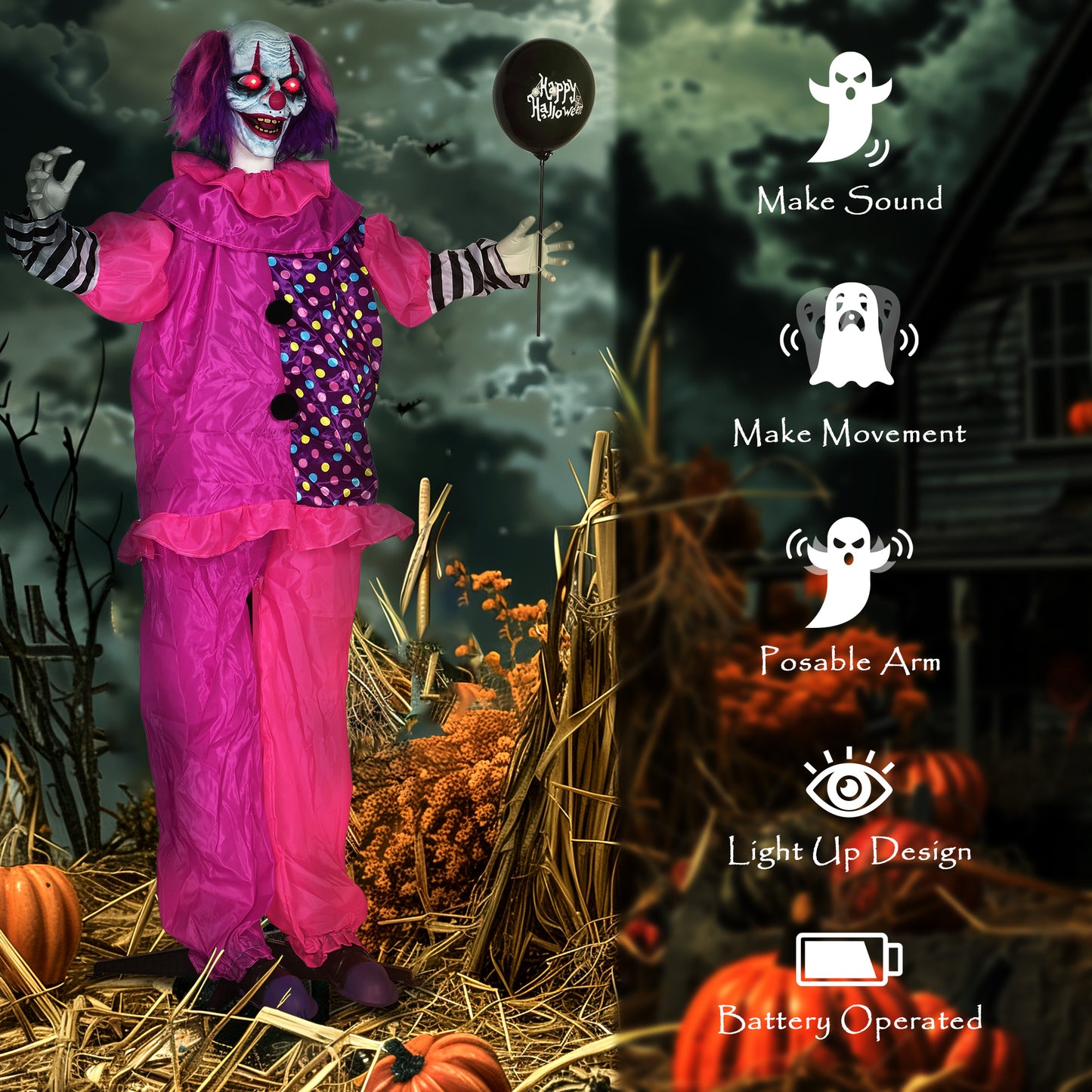 5′7″ Scary Animated Clown Decoration - Pink/Purple