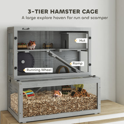 Wooden Hamster Cage with Hut, Wheel, Ramps, Removable Viewing Panels, 80 x 50 x 84 cm, Grey