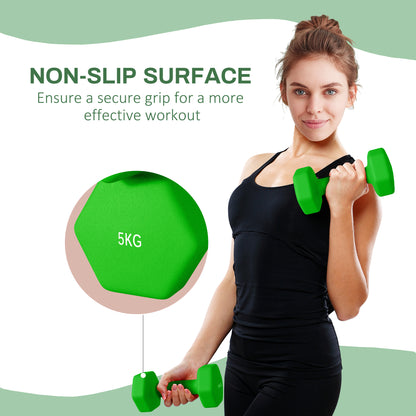 2 x 5kg Hexagonal Dumbbells Weights Set with Non-Slip Grip for Home Gym Workout, Green