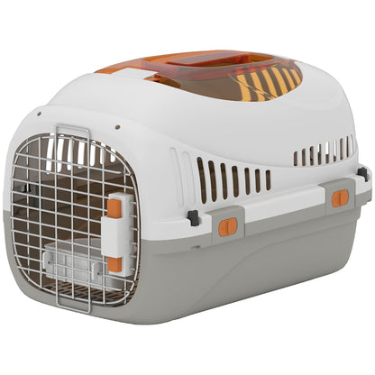Plastic Pet Carrier Hard Shell Dog Cat Carrier Max 4 KG Steel Door Feed Bowl Secure Lock 49 x 32 x 31 cm
