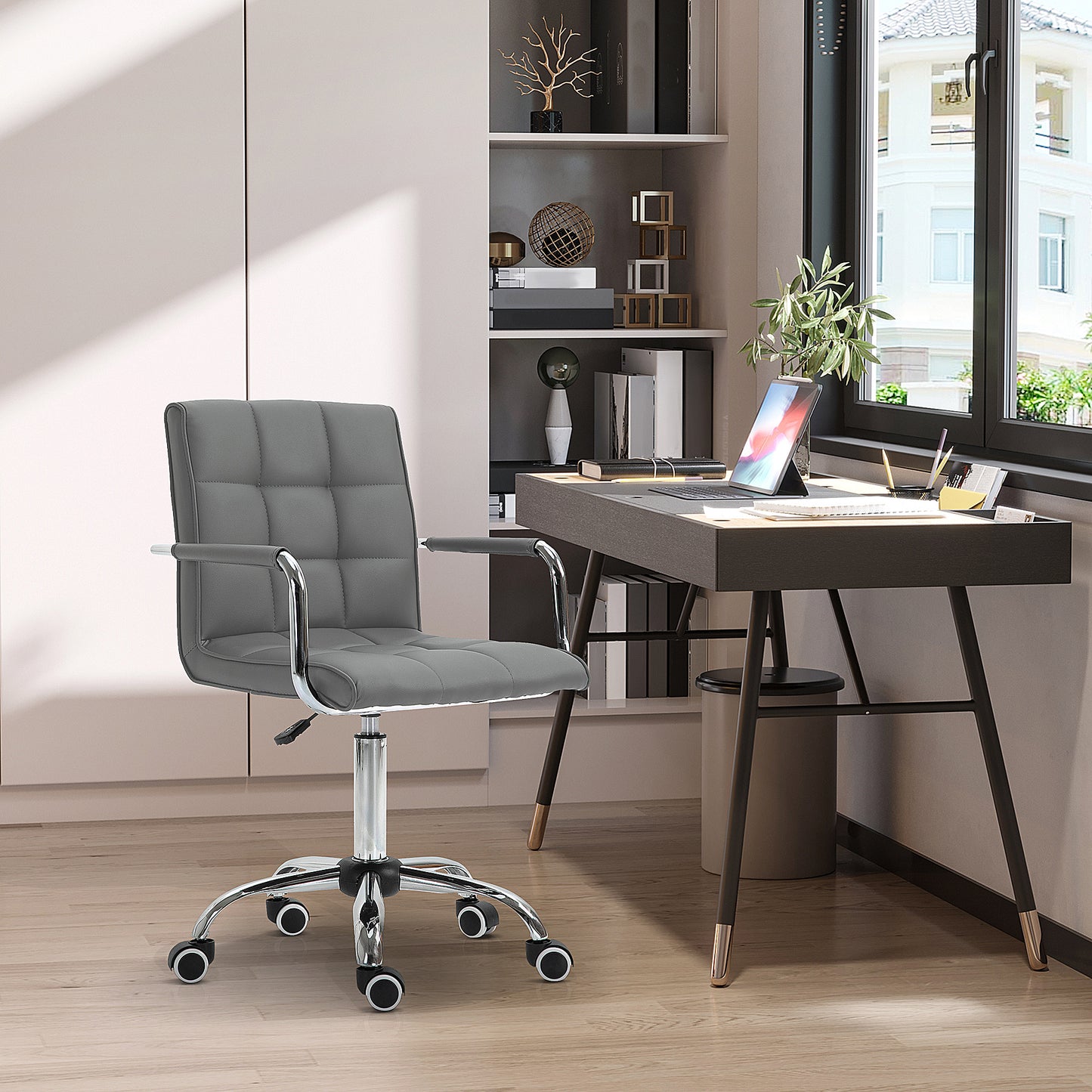 PU Leather Home Office Desk Chair, Computer Chair with Mid Back, Arm, Swivel Wheels, Adjustable Height, Grey