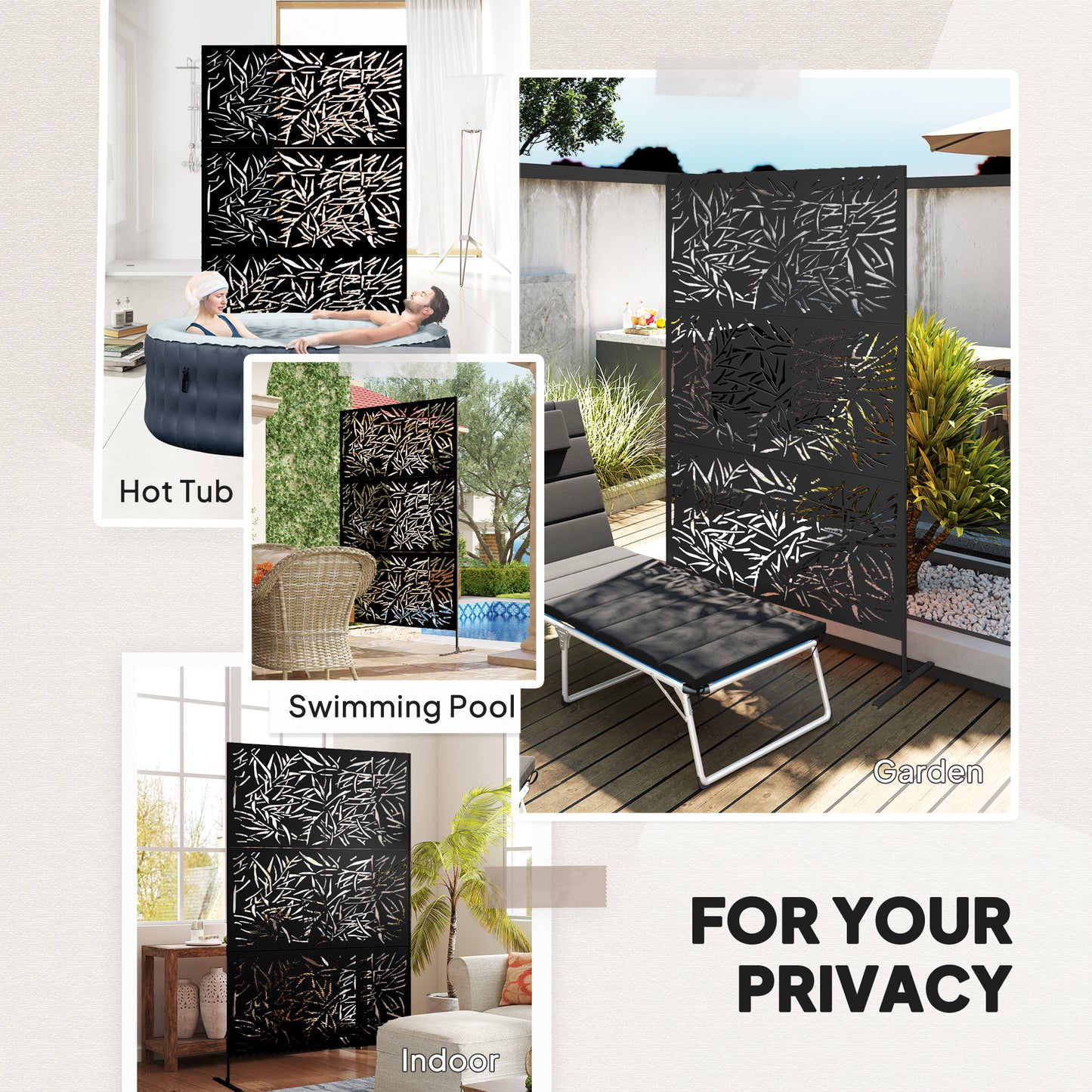 Decorative Garden Privacy Screen with Stand, 6.5FT Freestanding Metal Outdoor Divider, Black