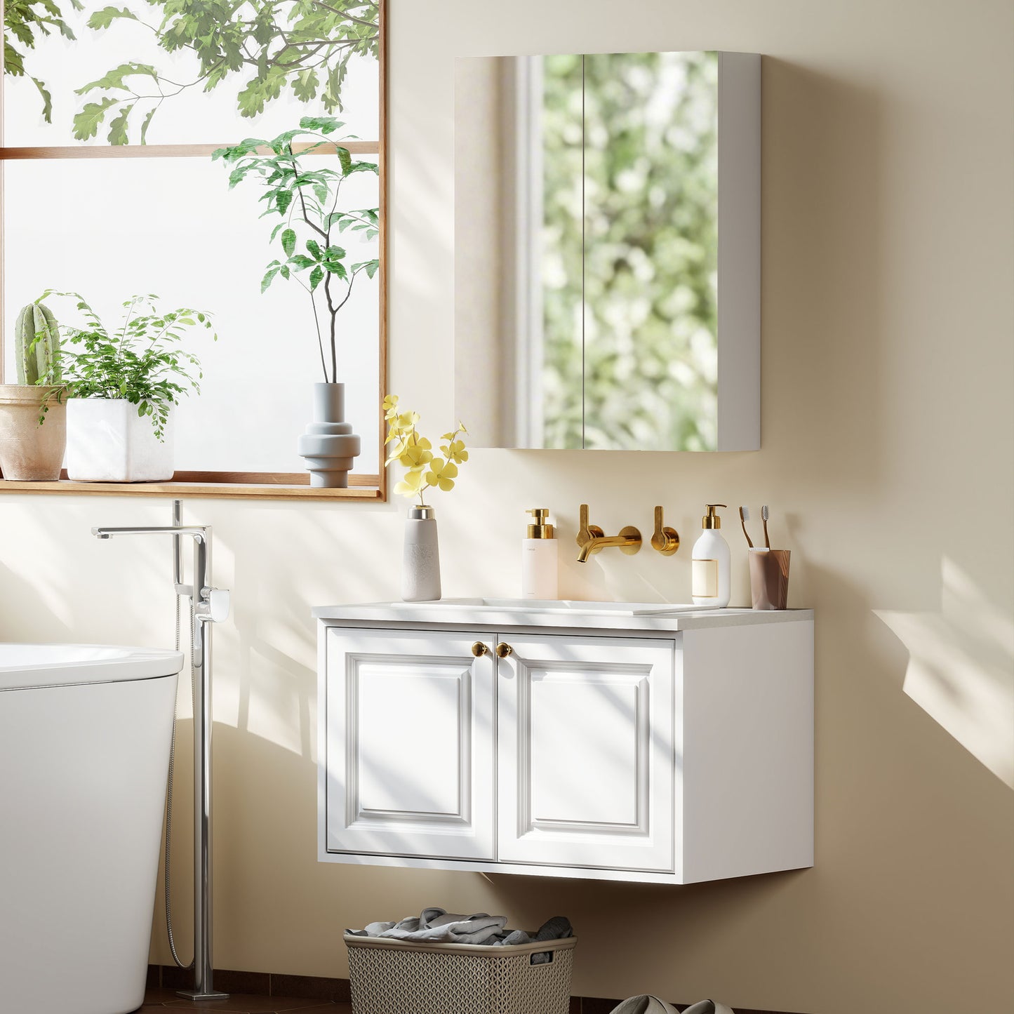 Wall Mounted Bathroom Mirror Storage Cabinet w/ Door Adjustable Shelf, White