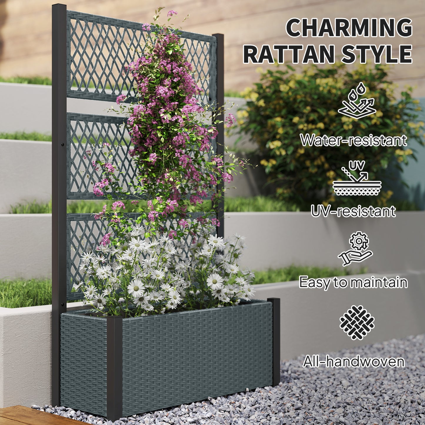 Garden Planter Box with Trellis, Liner for Climbing Plants, Vegetables, Flowers, 90 x 35 x 148 cm, Charcoal Grey