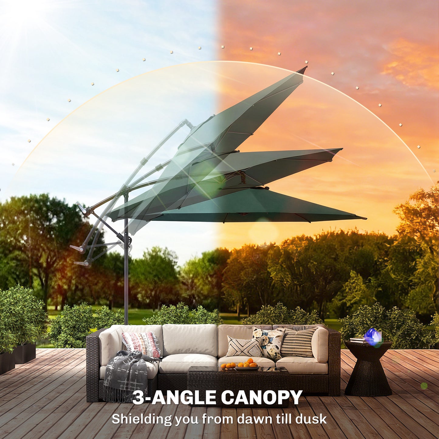 3 m Overhanging Cantilever Parasol, with Cross Base - Dark Green