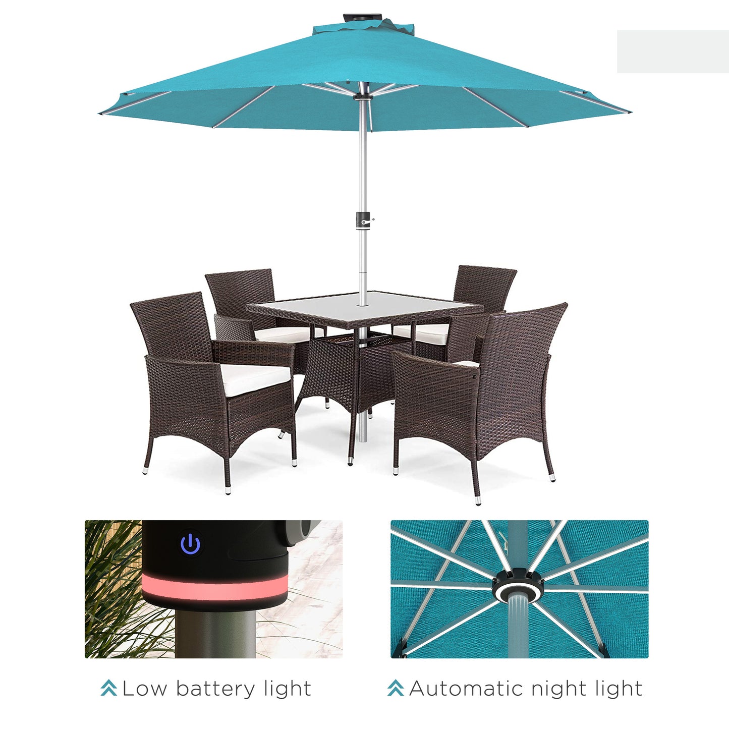 3m Parasol, with Solar-Powered LED Lights - Blue
