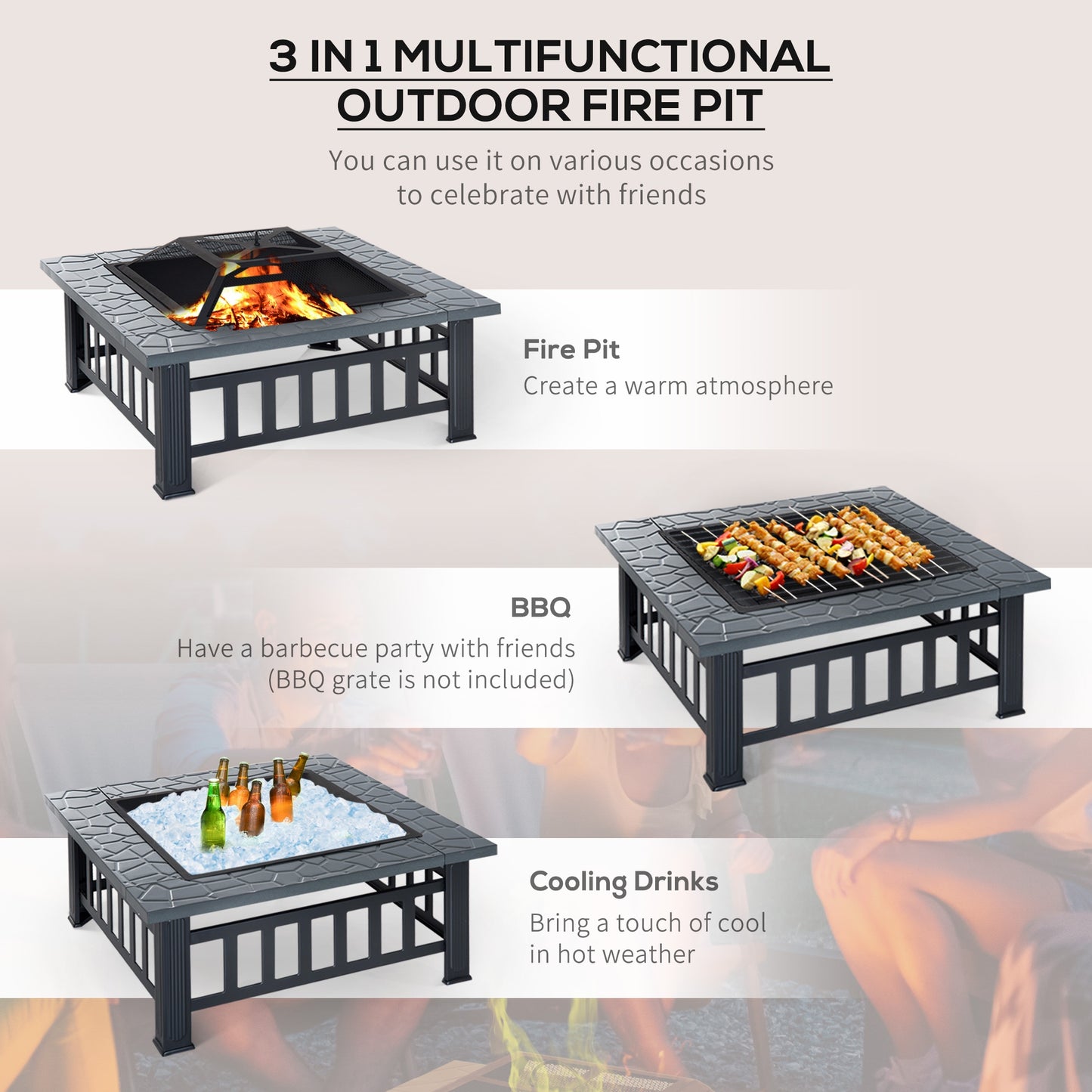 Metal Large Firepit Outdoor Square Fire Pit Brazier with Rain Cover, Lid, Log Grate, Poker for Backyard, Camping, BBQ