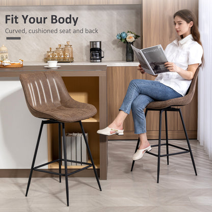 Set of 2 PU Leather Swivel Bar Stools - Brown