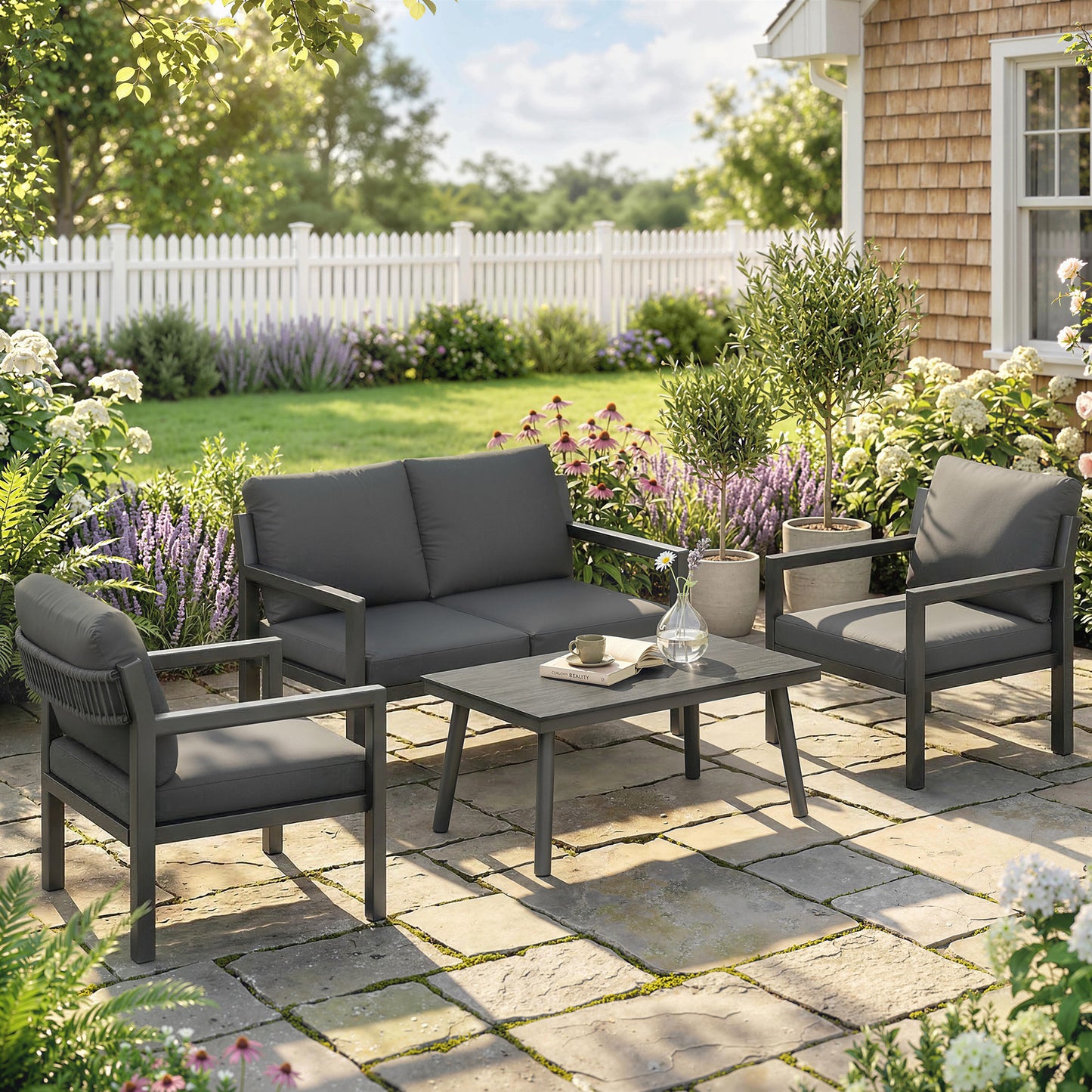 4 Seater Rattan Garden Furniture Set with 2 Armchairs, Loveseat, Coffee Table, Dark Grey