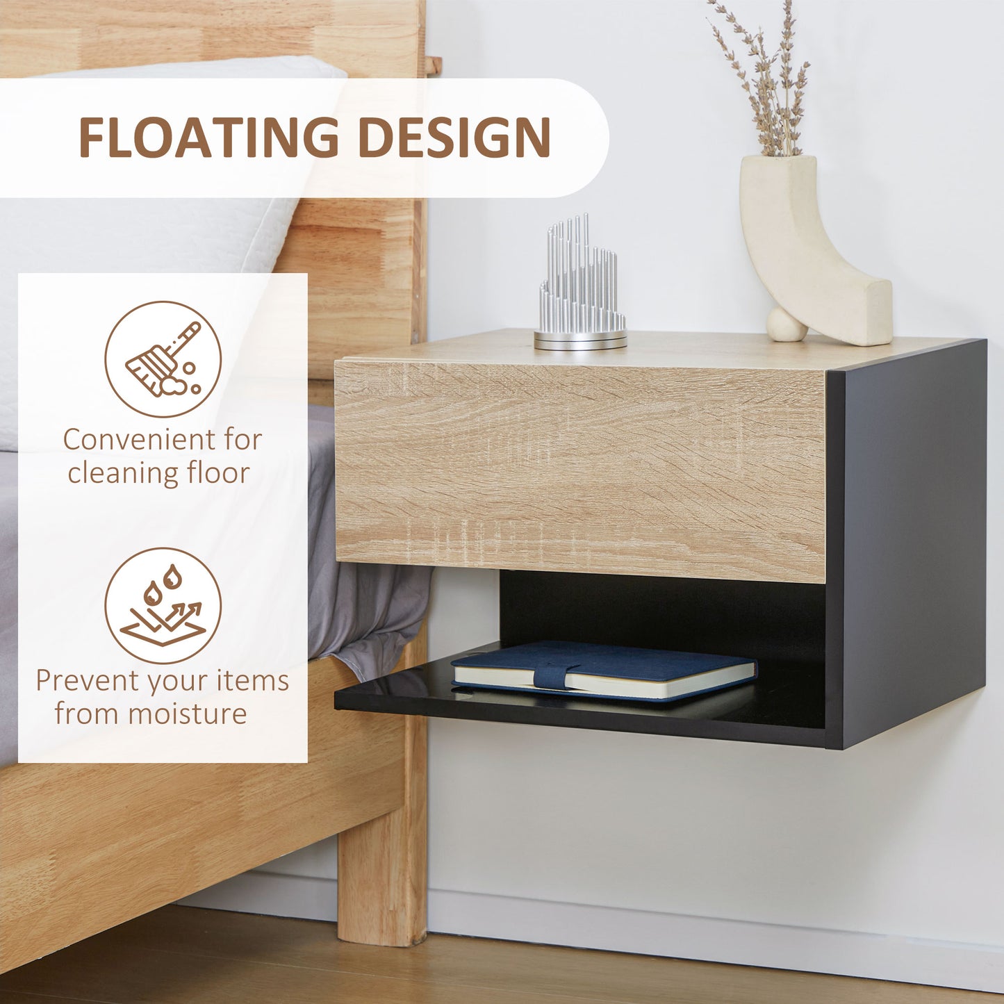 Floating Bedside Table Set of 2, Wall Mounted Bedside Cabinet with Drawer and Open Shelf, Modern Nightstand for Bedroom