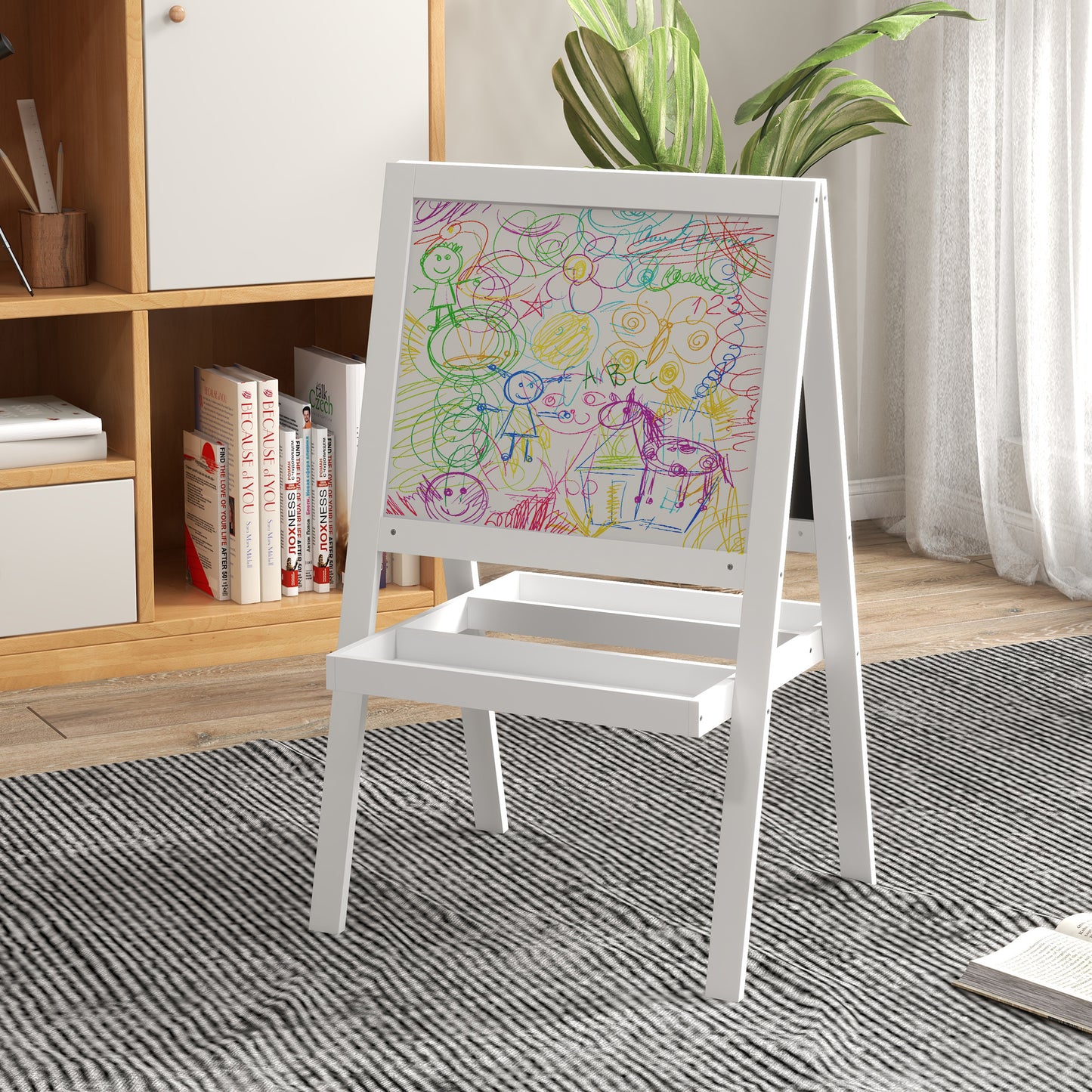 Kids Easel, Art Easel with Double Sided Whiteboard, Chalkboard, Storage, 2 in 1 Standing Easel for Toddlers 18-48 Months