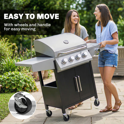 4+1 Burner Gas BBQ Grill with Side Burner, 14.5 kW Steel Portable Gas Barbecue Grill with Built-in Thermometer, Lid