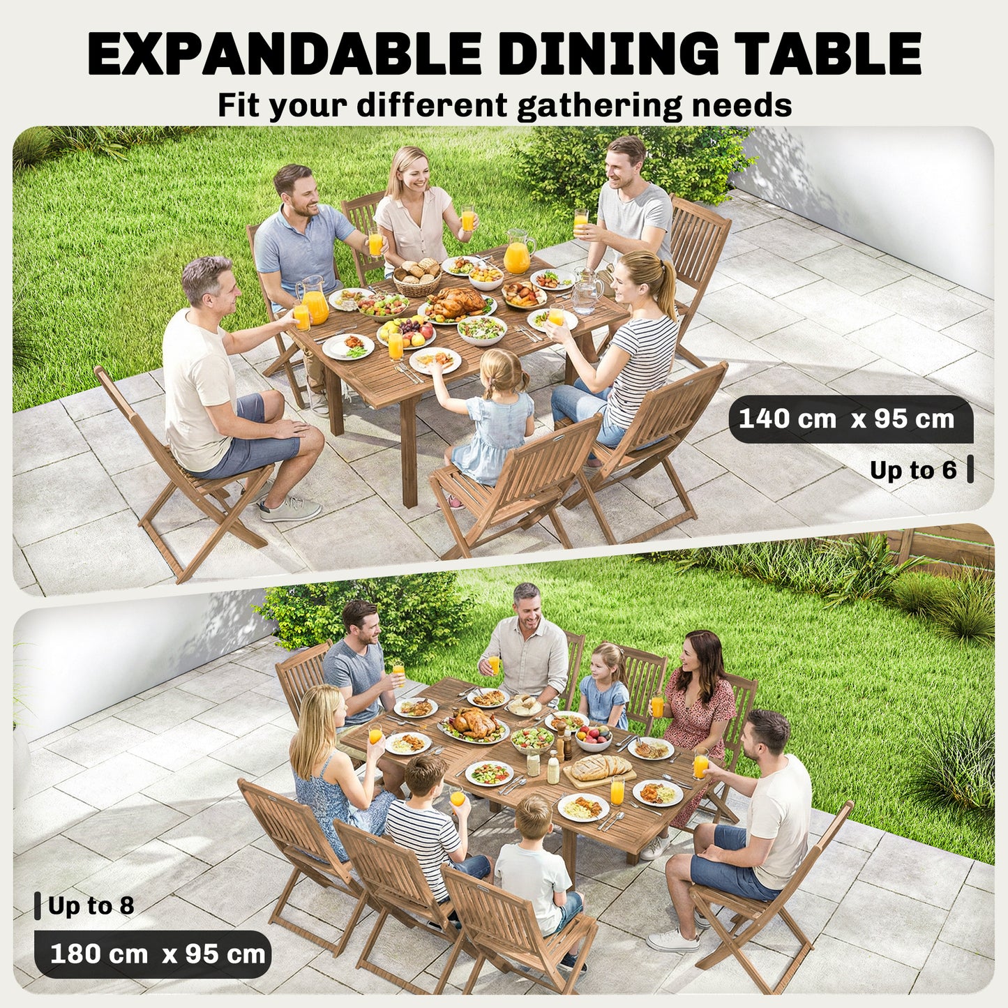 Extending Garden Table, Outdoor Dining Table for 6-8 with Acacia Wood Slatted Tabletop for Balcony Porch