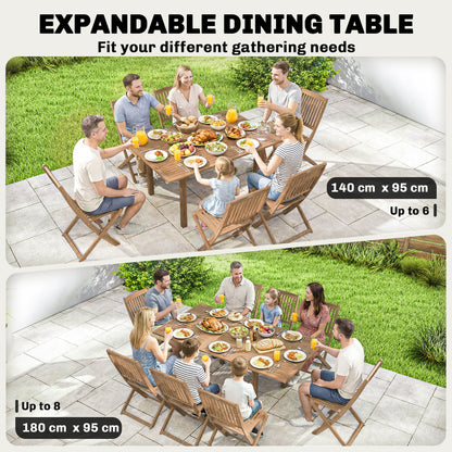 Extending Garden Table, Outdoor Dining Table for 6-8 with Acacia Wood Slatted Tabletop for Balcony Porch
