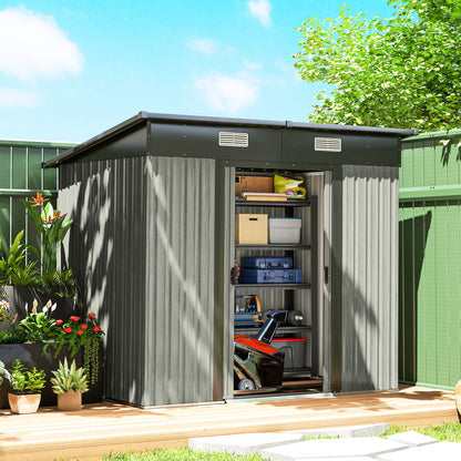 7 x 4ft Outdoor Storage Shed with Foundation Kit, Lean to Metal Garden Shed for Log, Rubbish Bin, Tool, Bike, Light Grey