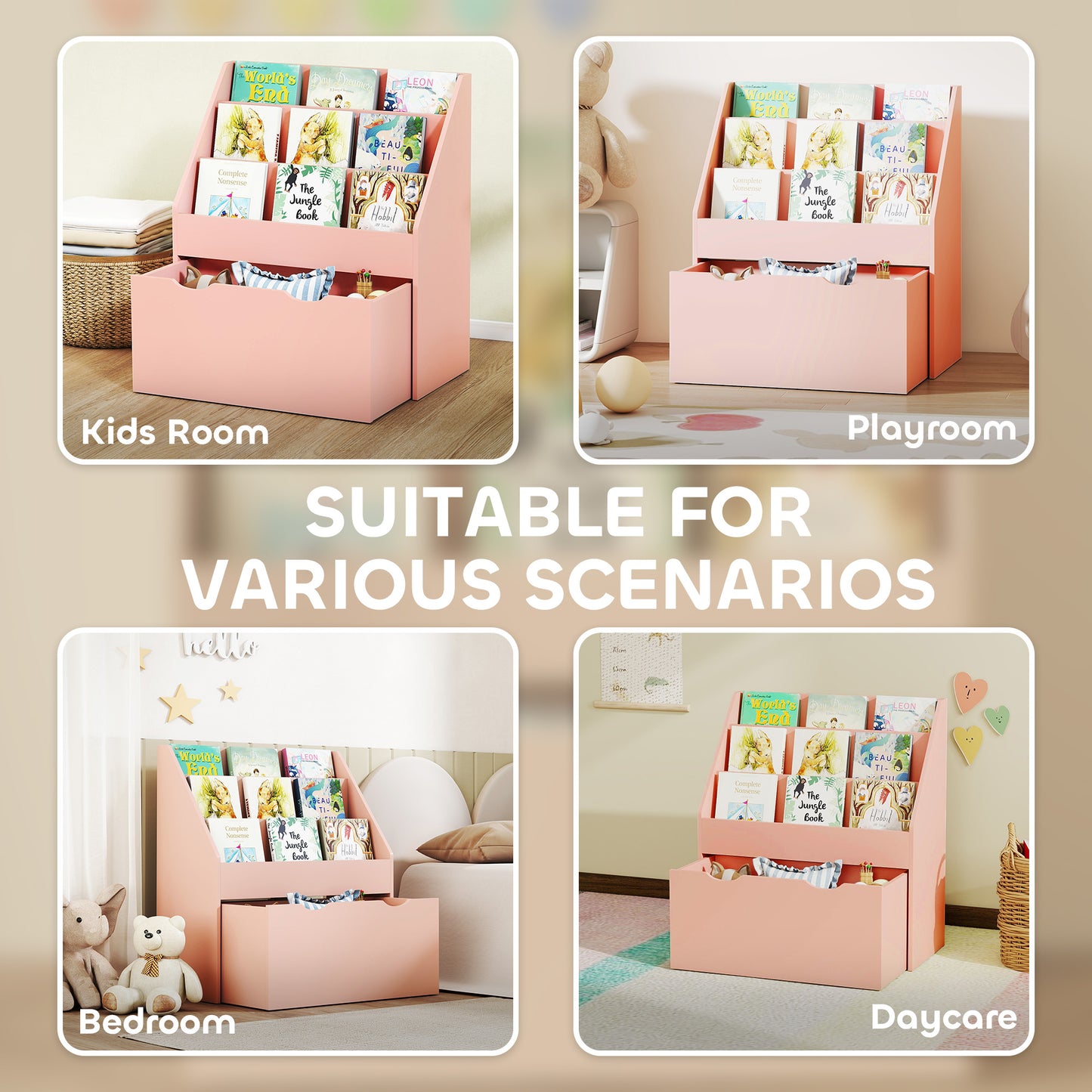 Bookcase for Kids with Shelves, Drawer, Bookcase for Bedroom, Playroom, Pink