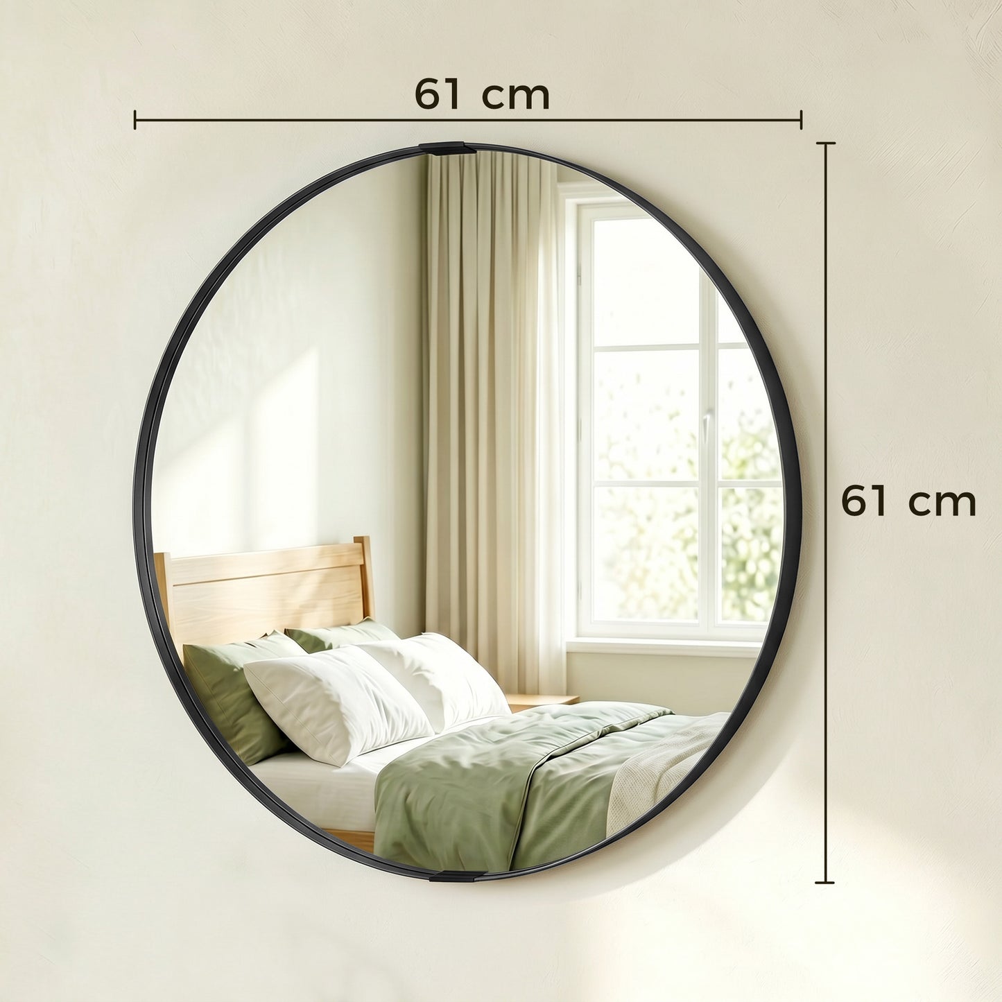 Round Wall Mirror 61 cm, Wall Mounted Bathroom Mirror with Tempered Safety Glass and Aluminium Alloy Frame, Black