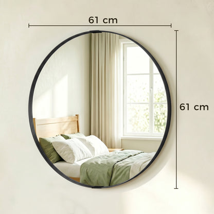 Round Wall Mirror 61 cm, Wall Mounted Bathroom Mirror with Tempered Safety Glass and Aluminium Alloy Frame, Black