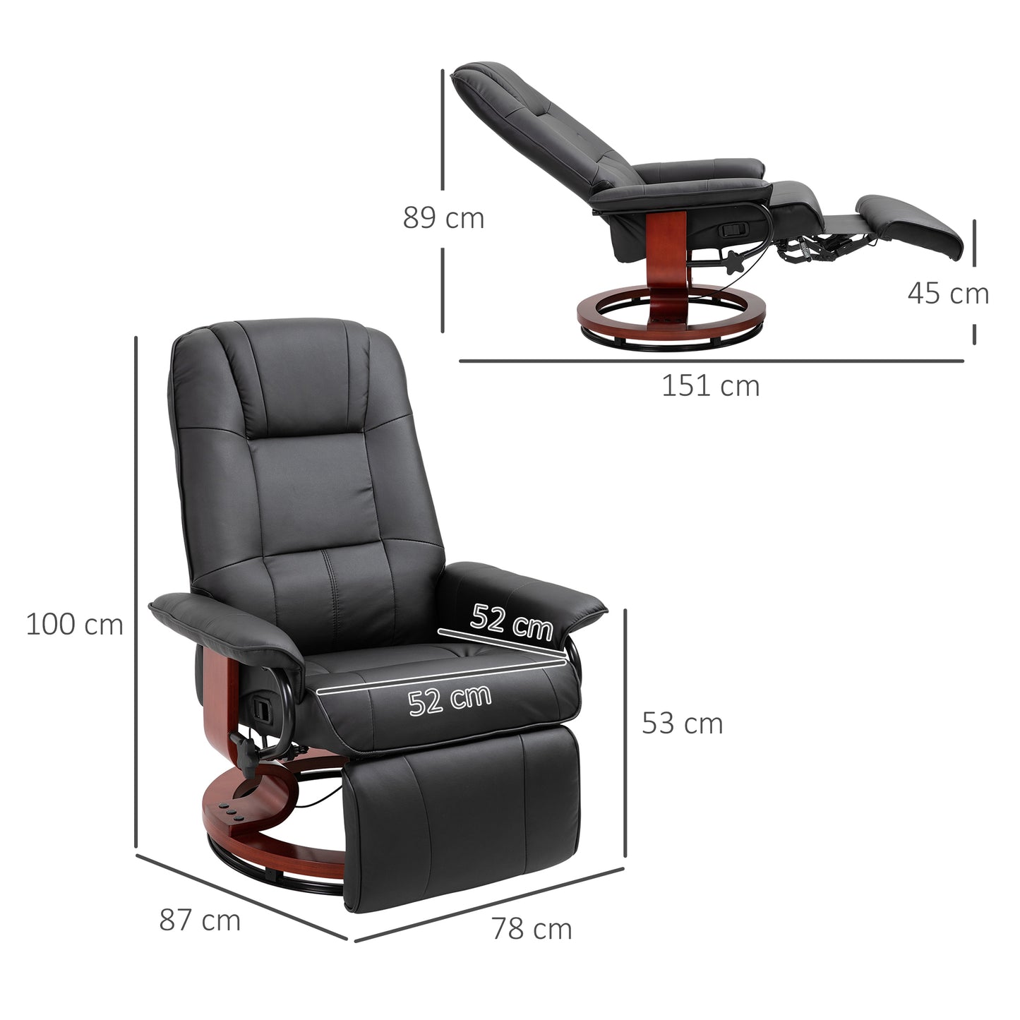 Reclining Swivel Chair, with Footrest - Black