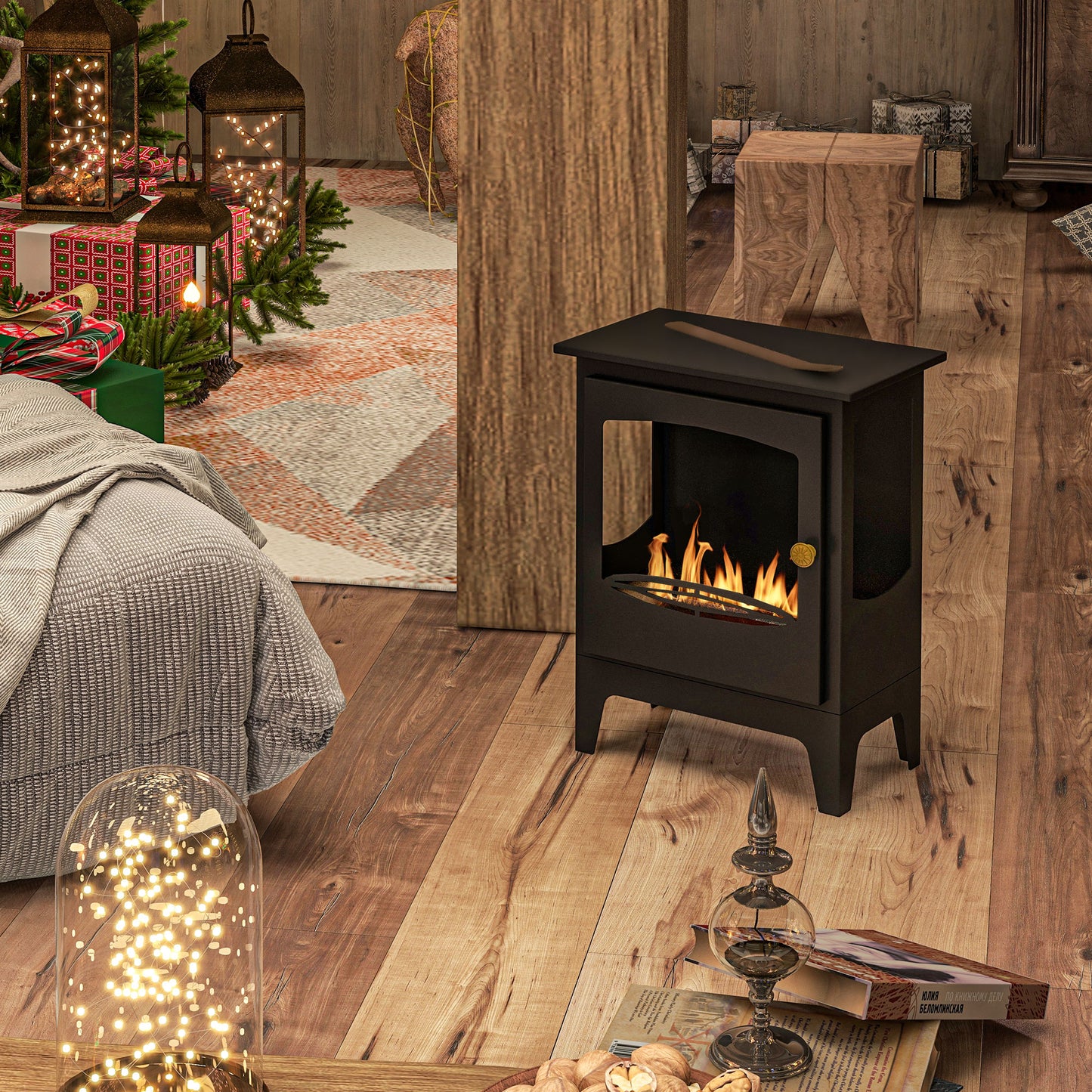 Freestanding Ethanol Fireplace, Steel Bioethanol Fireplace with Stainless Steel Flame Snuffer, 0.9L Tank