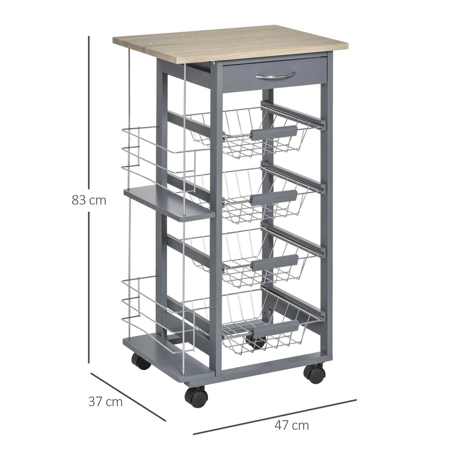 Rolling Kitchen Cart, Utility Storage Cart with 4 Basket Drawers & Side Racks, Wheels for Dining Room, Grey