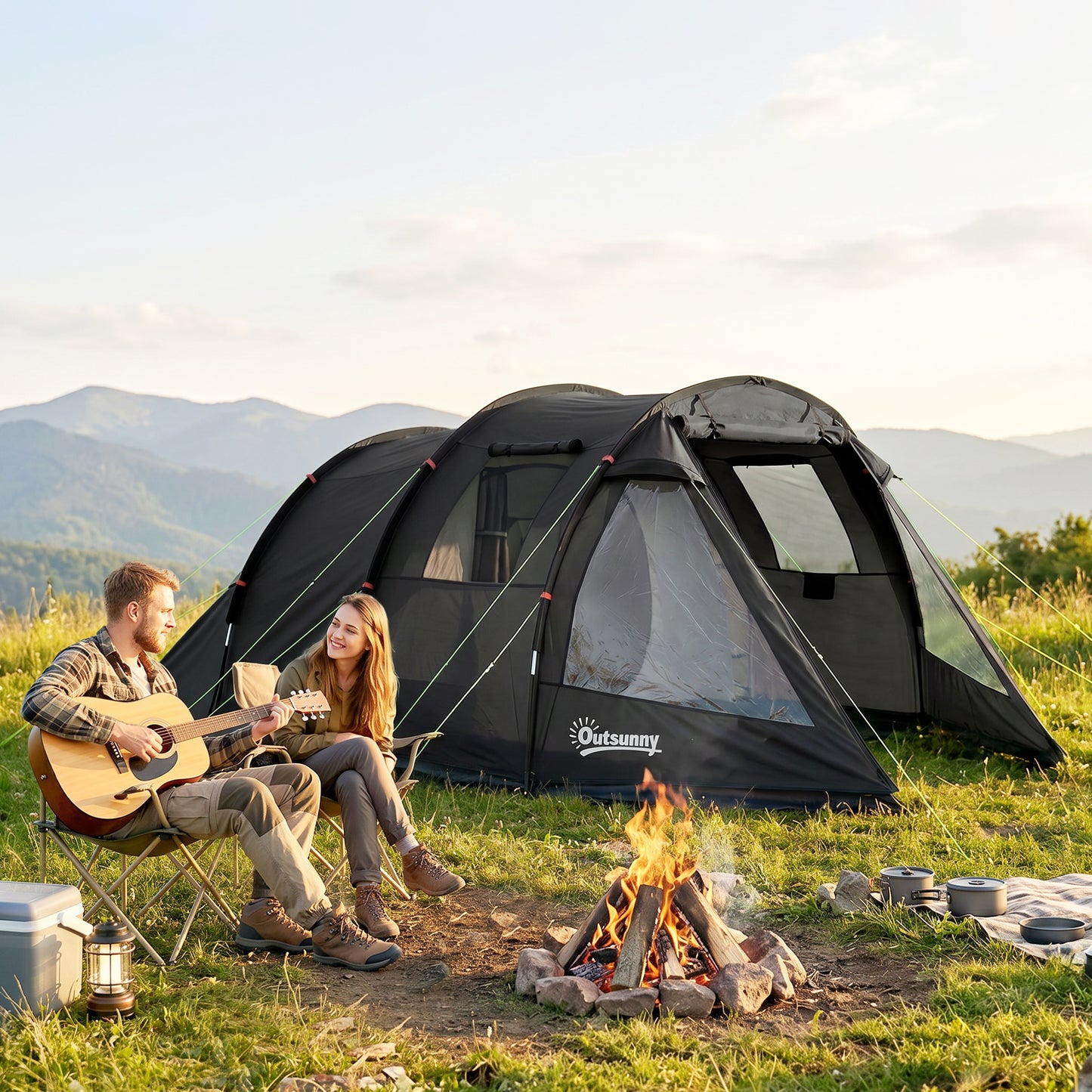 3 Man Tunnel Tent, Two Room Large Camping Tent with Windows, Portable Carry Bag, for Fishing, Hiking, Sports, Festival