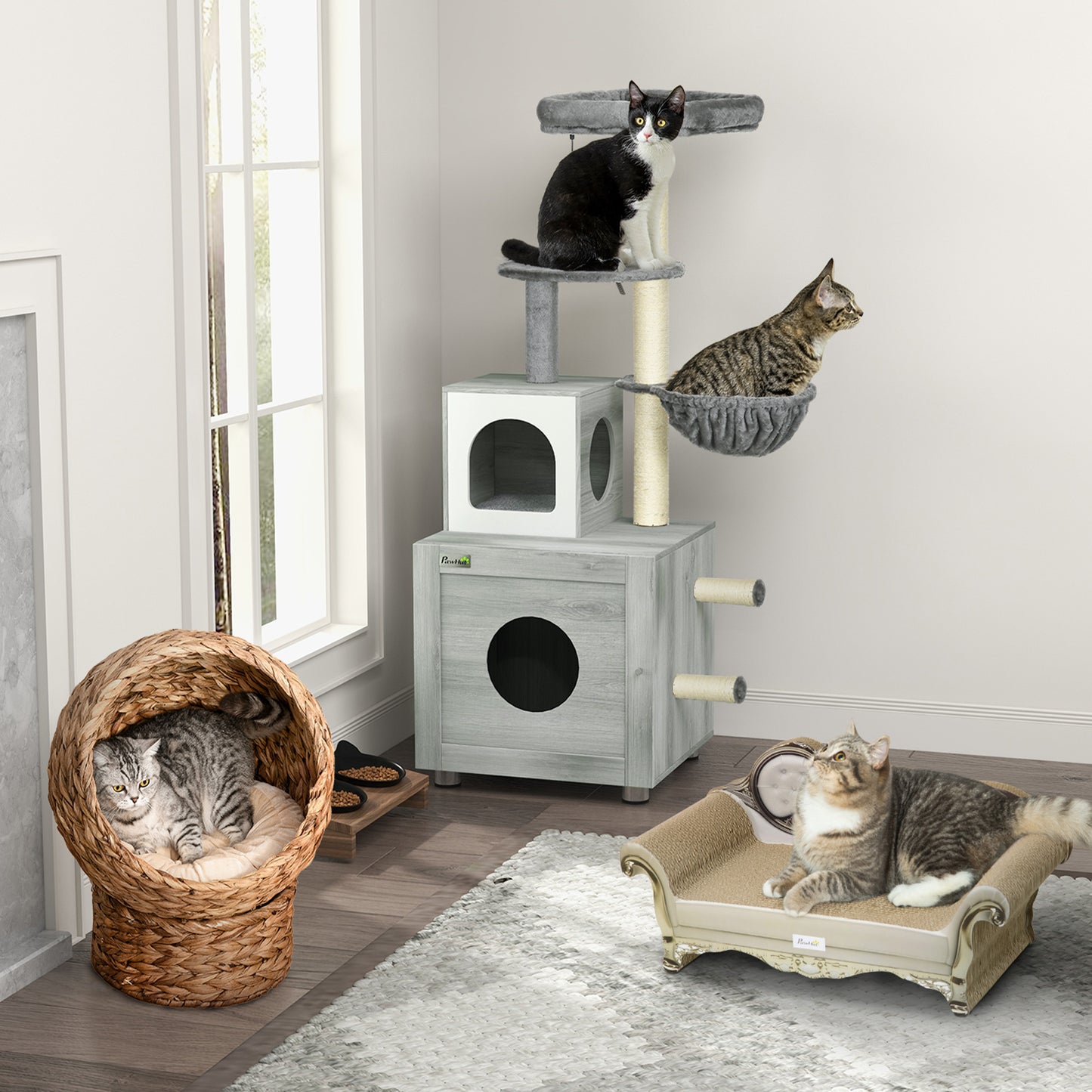 Wicker Cat Bed, Raised Rattan Cat Basket with Cylindrical Base, Soft Washable Cushion, 40 x 37 x 51 cm - Brown