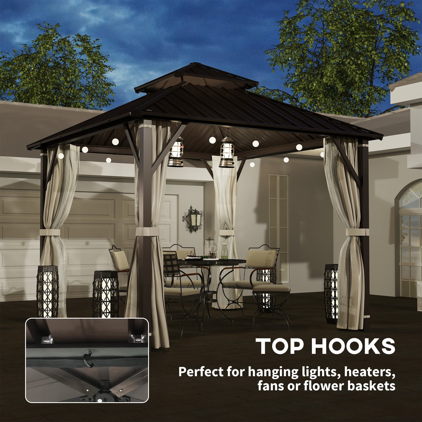 3 x 3(m) Hardtop Gazebo Canopy with Double Metal Roof, Waterproof Permanent Pavilion Garden Gazebo with Netting and Curtains