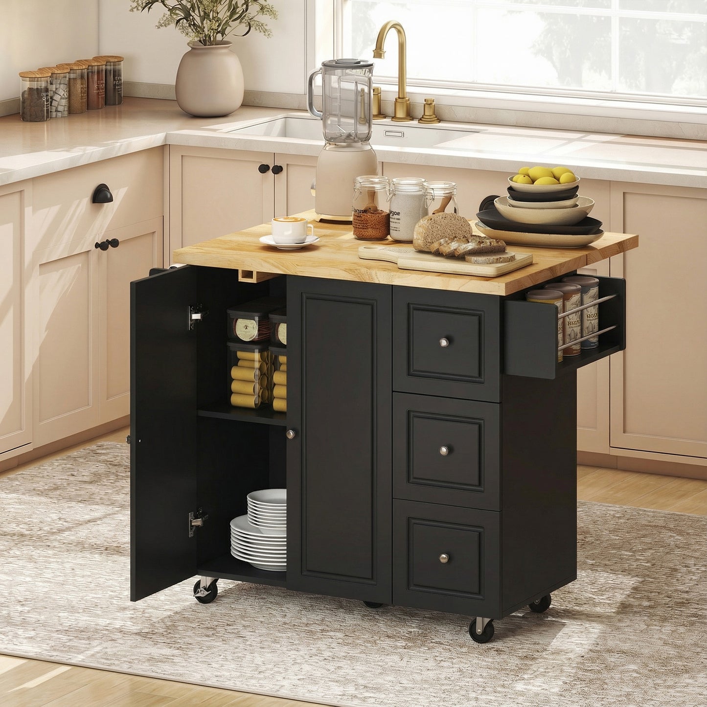 Kitchen Island on Wheels, Rolling Kitchen Storage Trolley with Drop Leaf, Drawers, Towel and Spice Rack, Black