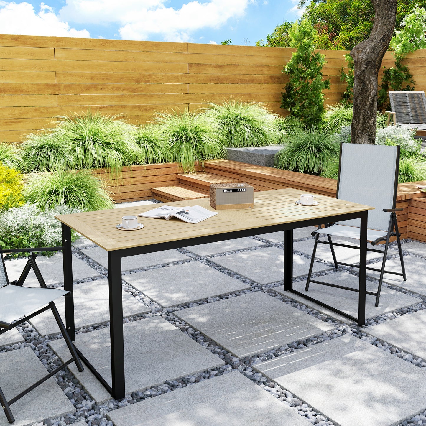 Garden Table for 6 People, 175 x 78 x 75 cm Rectangle Outdoor Dining Table with Slatted Top, Metal Frame, for Balcony, Deck