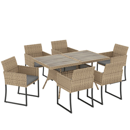 7 Piece Rattan Garden Furniture Set, Garden Dining Set with Wood-Plastic Table and 6 Stackable Chairs, Dark Grey