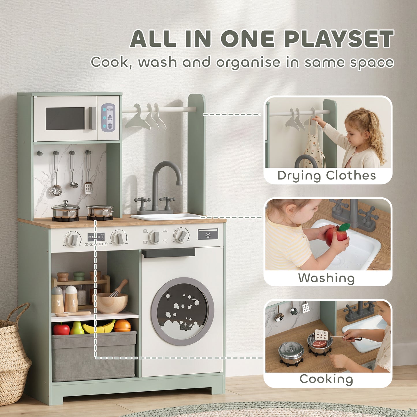Kids Play Kitchen, Pretend Play Toy Kitchen Playset with Stove, Sink, Microwave, 5Pcs Accessories for 3-6 Years, Green