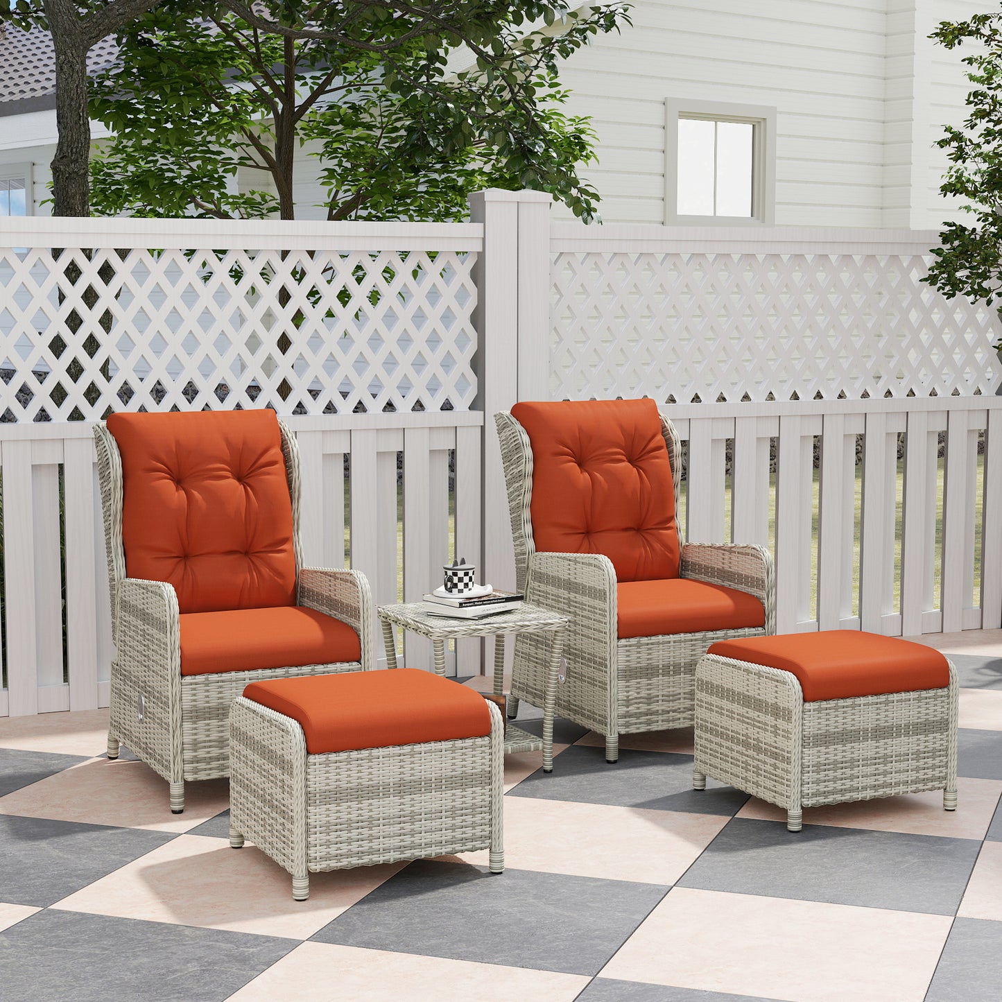 5 Pieces Rattan Bistro Set with Adjustable Back, Reclining Wicker Balcony Furniture with Cushions