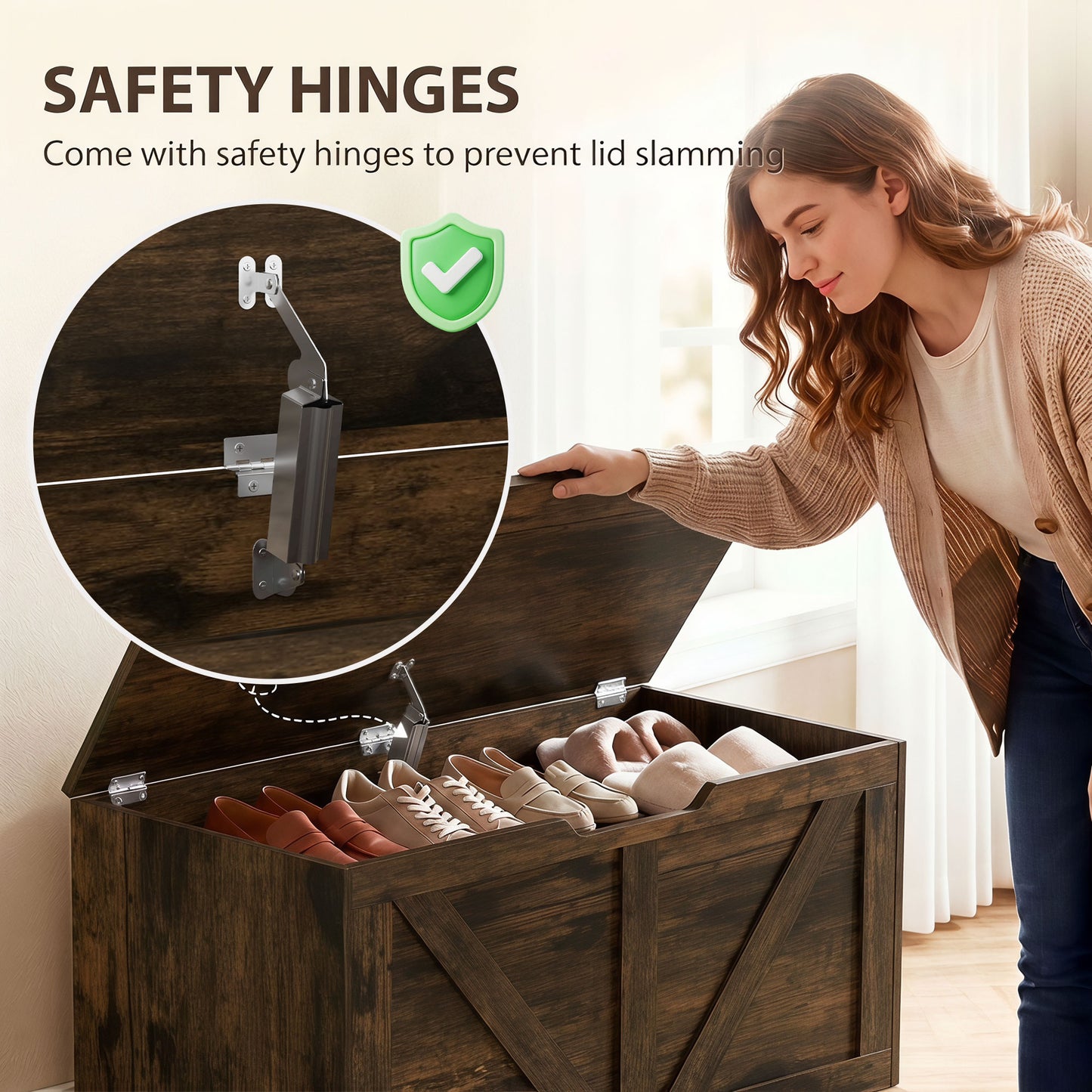 100L Home Storage Box, with Safety Hinge - Rustic Brown Wood-Effect