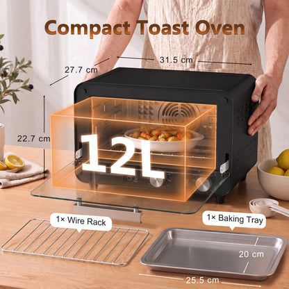 Small Toaster Oven, 12L Multifunction Mini Countertop Oven with Glass Door, Adjustable Temperature and Timer, Black
