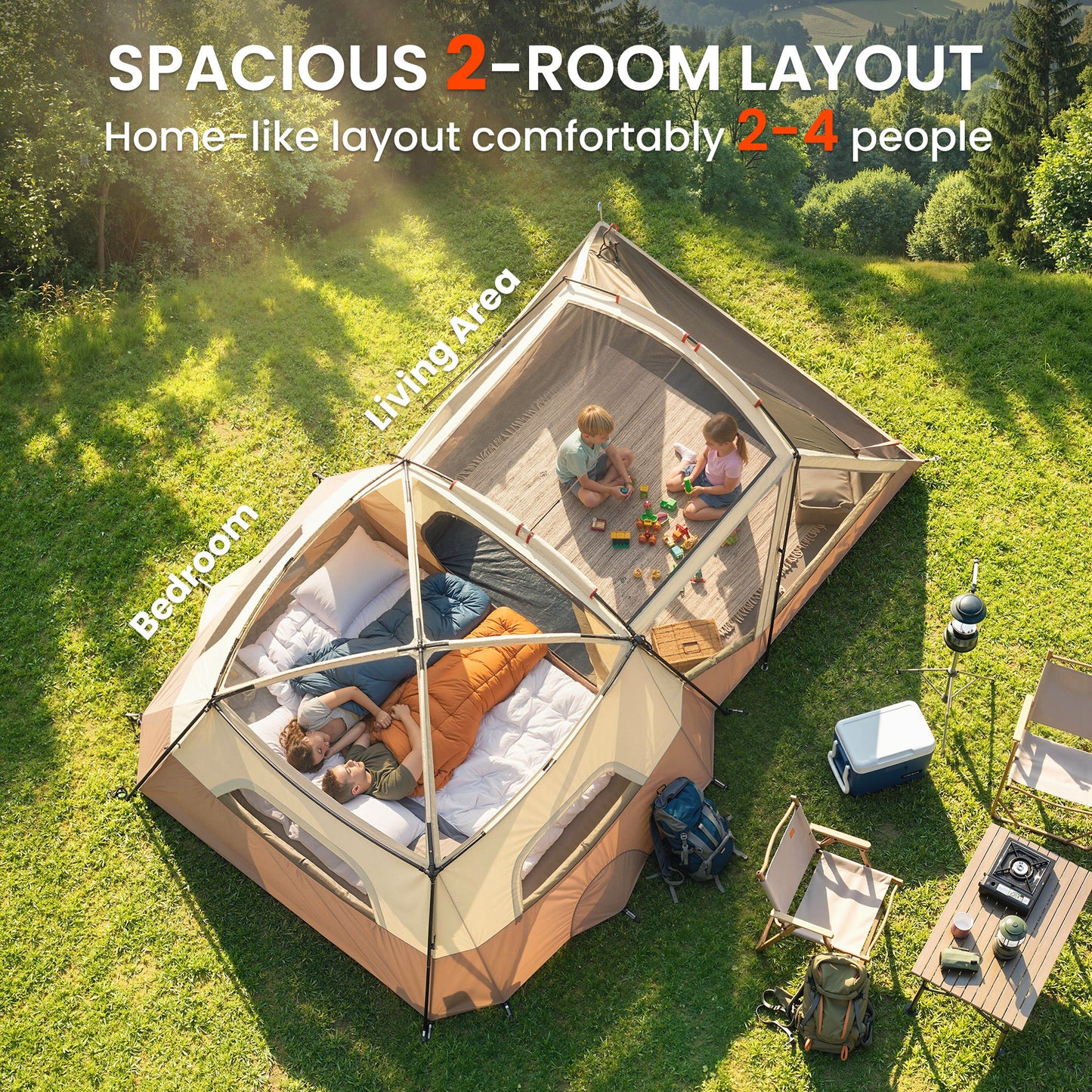 Cabin Tent Waterproof Camping Tent with Two Room for 4 Person Brown
