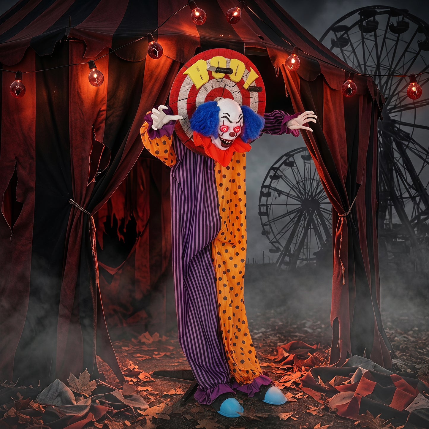 167 cm Life Size Animated Clown Halloween Decoration, Scary Halloween Animatronics Decor with Sound Touch Activated
