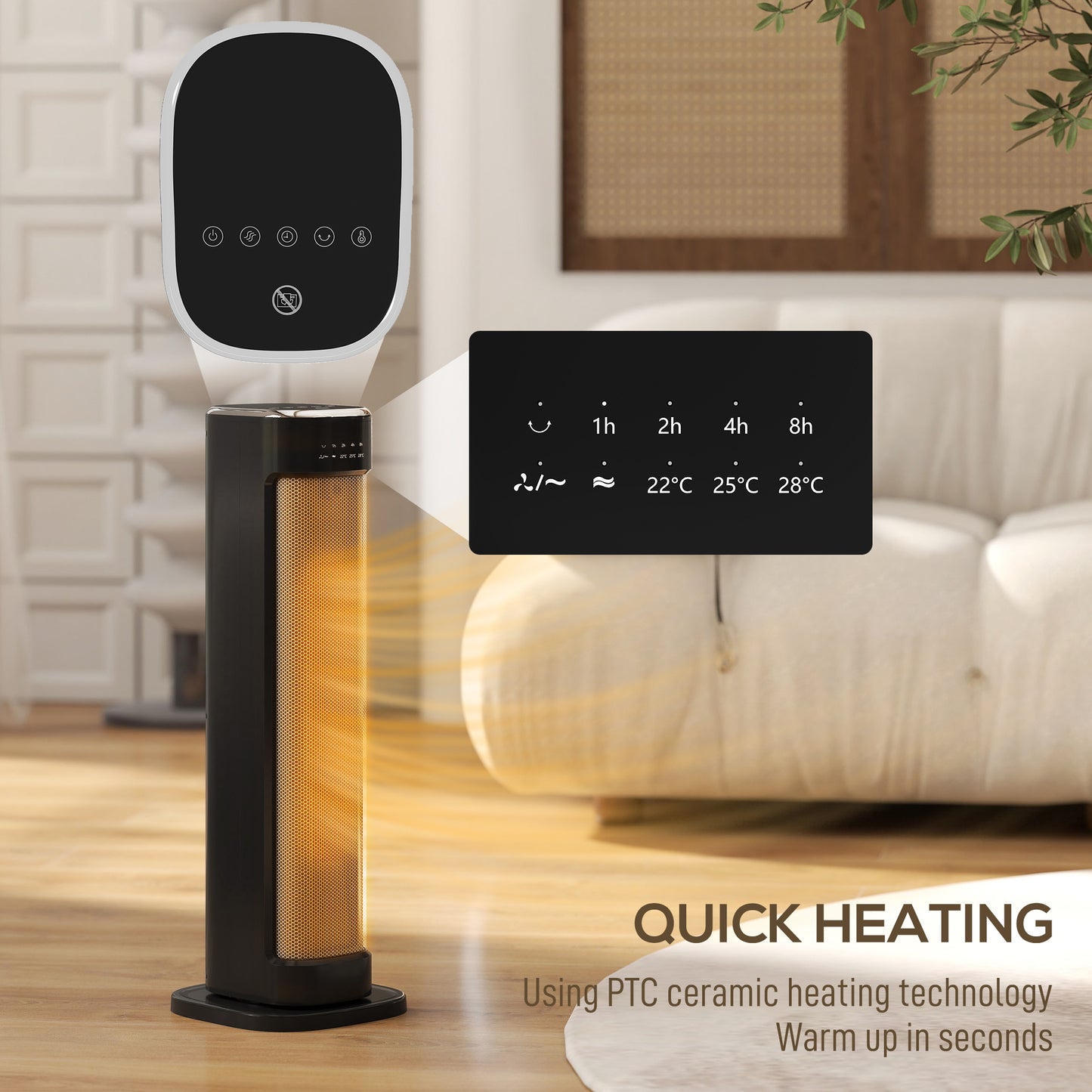 2000W Ceramic Electric Heater with 3 Heat Settings, Timer - Black