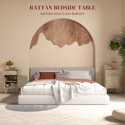 Bedside Table, Rattan Side Tables with Drawer, Cabinet and Adjustable Shelf, Boho Bedside Cabinet with Storage for Bedroom
