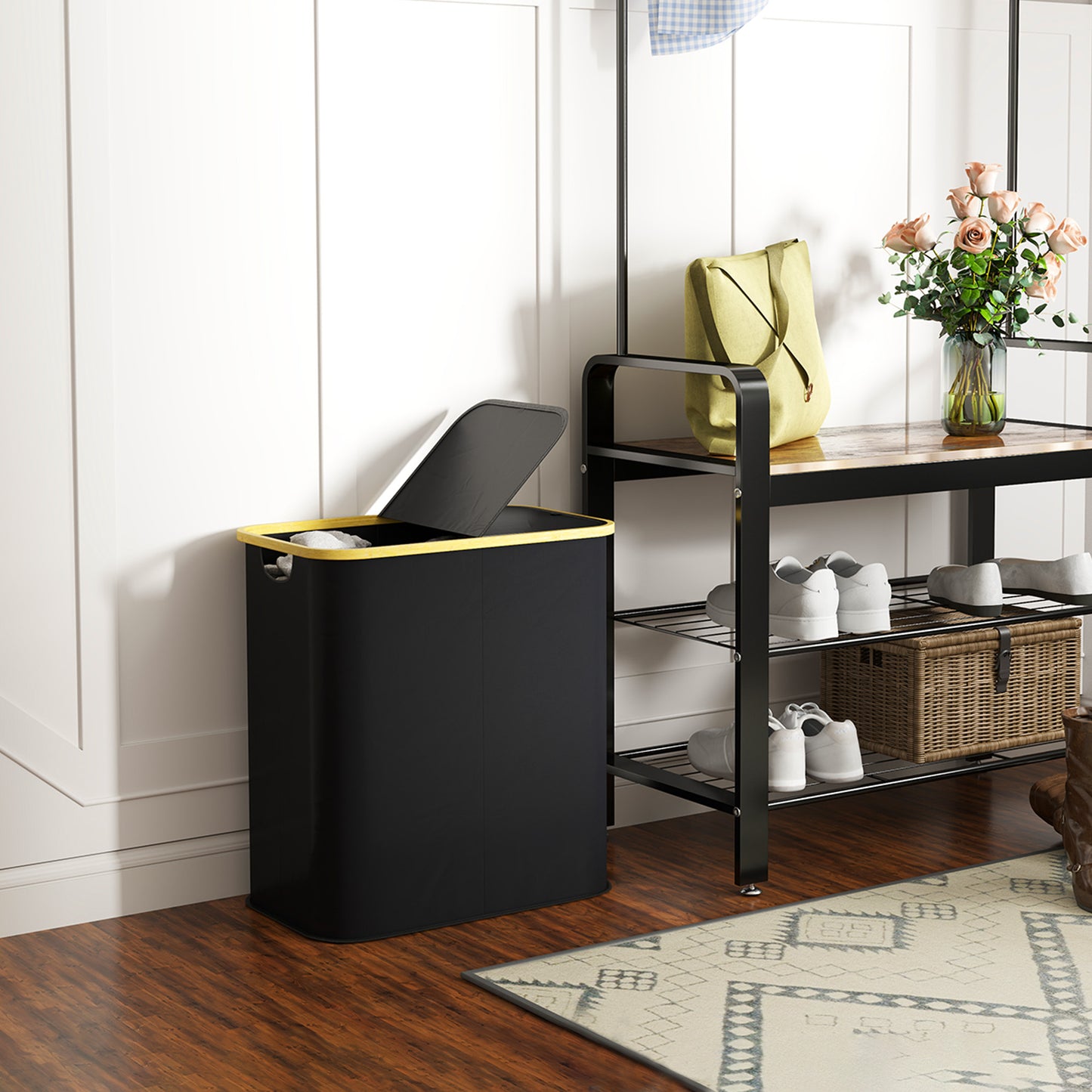 Double Laundry Basket With Lid, 80L Collapsible Laundry Hamper with Groove Handles, Washing Basket for Bathroom, Bedroom