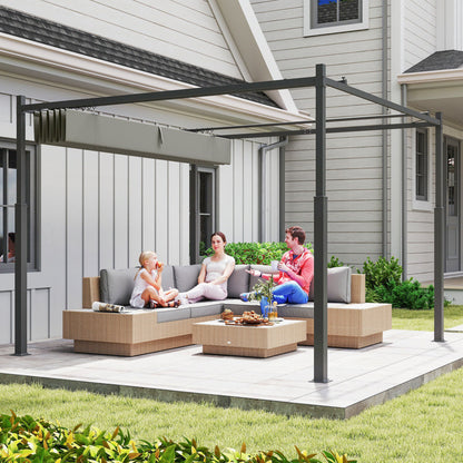 3 x 3(m) Metal Pergola with Retractable Roof and Magnetic Fixture, Outdoor Gazebo Garden Pergola Kit Sun Shade Canopy