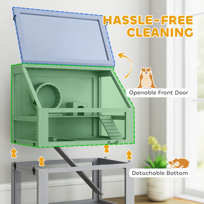Wooden Hamster Cage with Detachable 32cm Deep Bottom, Hut, Seesaw, Exercise Wheel, Ramp, 60 x 40 x 75cm, Light Grey