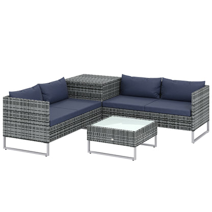 4 Piece Rattan Garden Furniture Set, Outdoor Corner Sofa Set with Storage Table, Loveseats, Cushions - Dark Blue