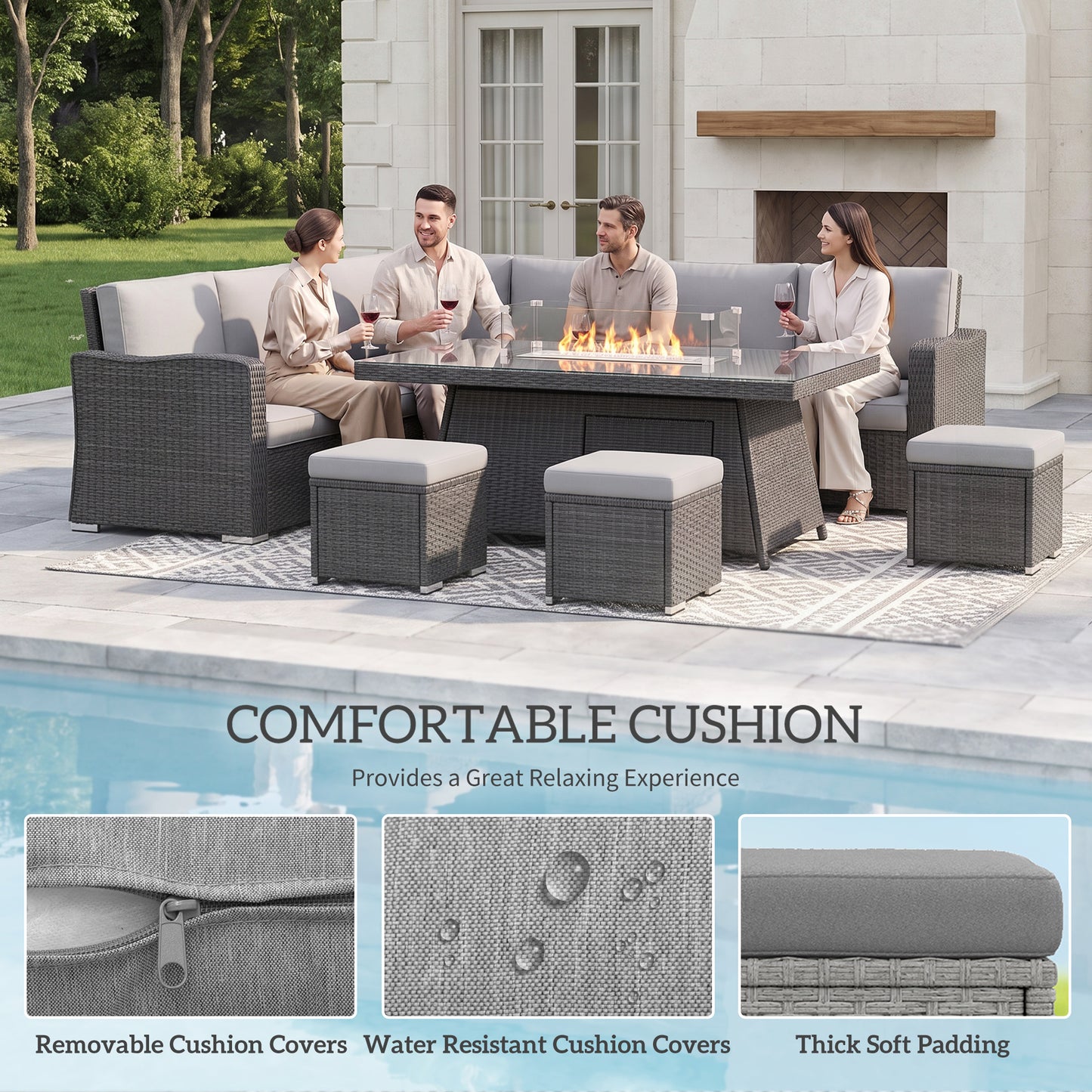 Seven-Piece Firepit Table Rattan Sofa Set - Grey