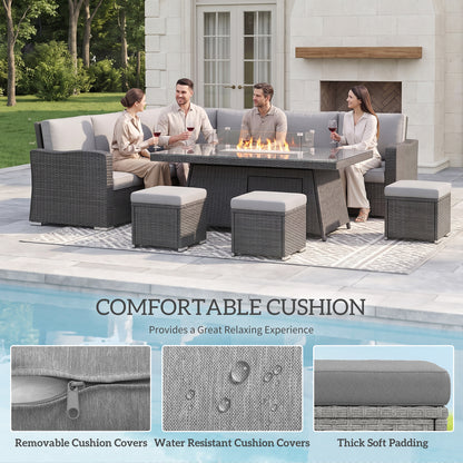 Seven-Piece Firepit Table Rattan Sofa Set - Grey