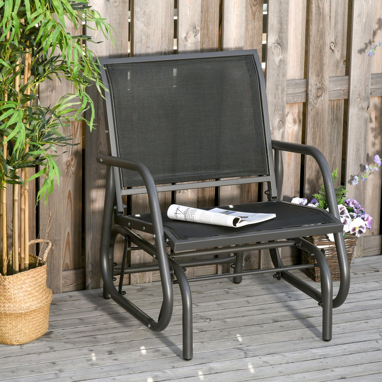 Outdoor Garden Glider Chair, Metal Frame Single Armchair Swing Seater w/ Breath Mesh Fabric Seat, Curved Backrest, Armrests