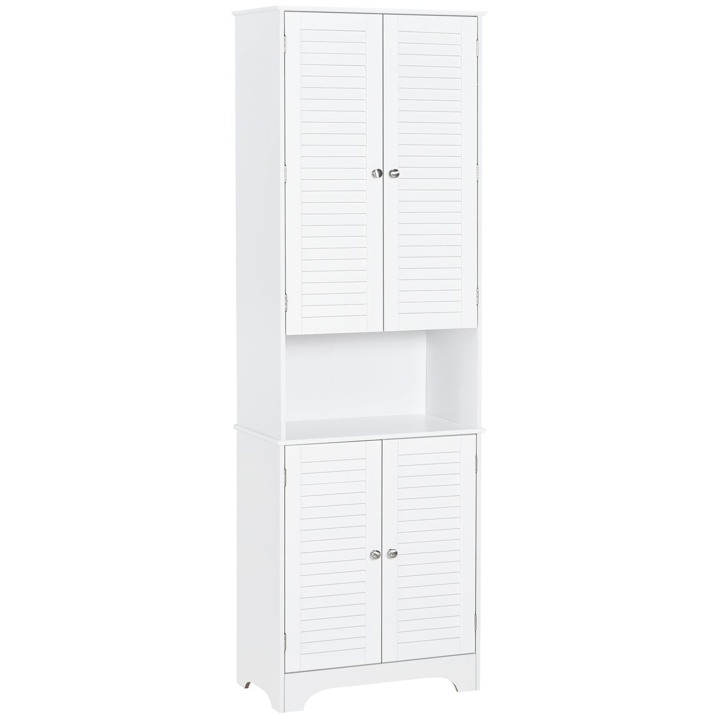Tall Freestanding Bathroom Cabinet Retro Shutters w/ 3 Compartments Shelves Elevated Base Narrow Organiser White 60L x 30W x
